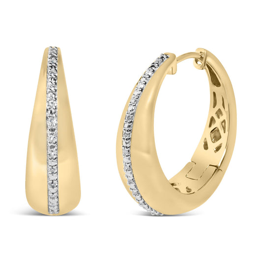 Close-up front and side view of yellow hoop earrings with a central row of white round gemstones in prong settings.