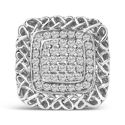 Front-facing close-up of a square-shaped ring with an intricate woven border and multiple small round white gemstones set in shared prong settings in the center.