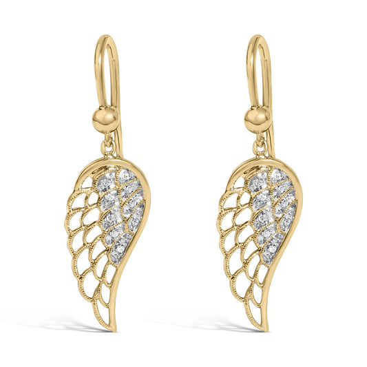 Pair of yellow metal earrings shown in close-up front view with curved hooks, featuring an elongated leaf-shaped design with openwork and pave-set white gemstones.