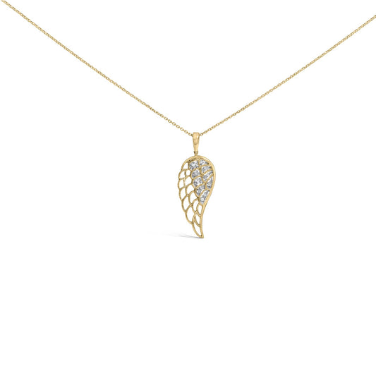 Close-up front angle of a yellow necklace with a wing-shaped pendant featuring pave-set white round gemstones.