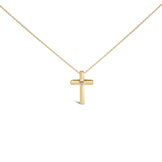 Front angle view of a yellow necklace with a cross-shaped pendant featuring a round white gemstone in a bezel setting at the center.