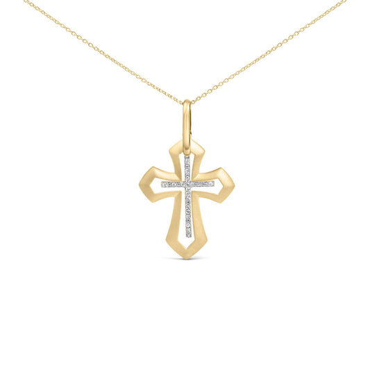 Close-up front view of a yellow necklace with a flower-shaped pendant featuring a cross design inlaid with white gemstones.
