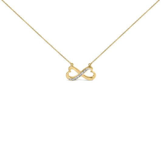 Close-up front view of a yellow necklace with an infinity pendant featuring a diagonal line of white gemstones in pave setting.