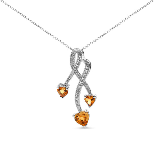 Front view of a white metal necklace with an intertwined pendant featuring three yellow heart-shaped gemstones and small white round gemstones along the pendant.