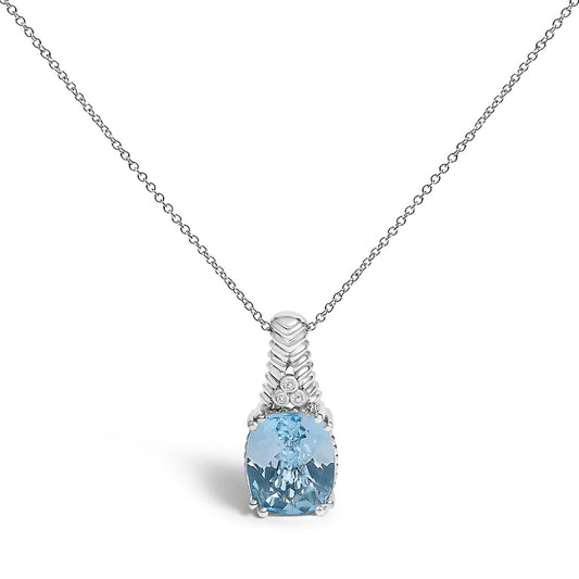 Front angle close-up of a white metal necklace pendant featuring a cushion-shaped blue gemstone in prong setting, accented with three small round white gemstones in bezel setting above it.