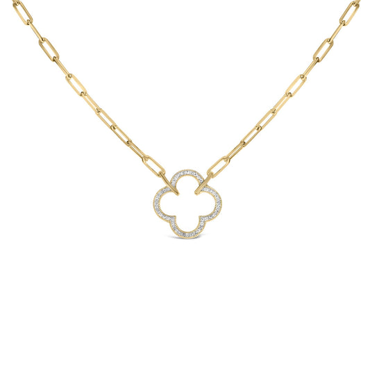 Gold Vermeil 1/10 Cttw Diamond Paperclip Chain Clover Pendant Necklace