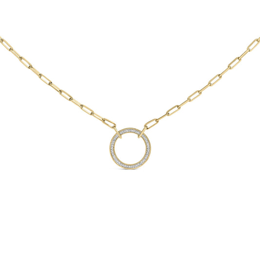 Close-up front angle view of a yellow metal necklace with a circular pendant featuring white gemstones in a pave setting, shown on a white background.