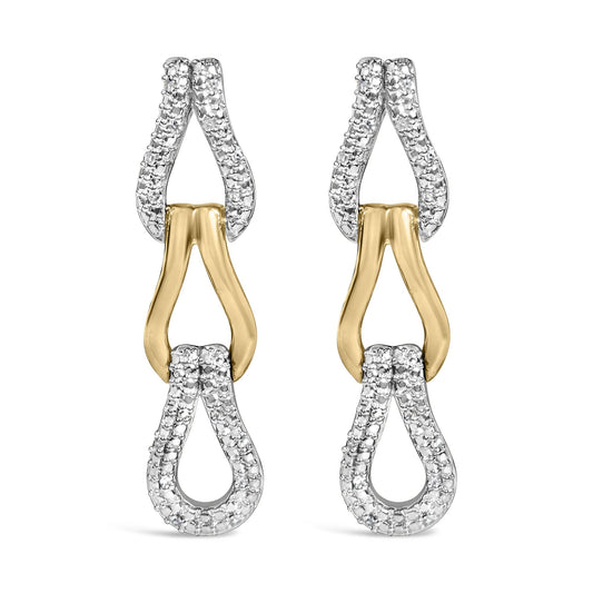 Close-up front view of a pair of yellow metal drop earrings featuring two linked open teardrop shapes, each outlined with pave-set white round gemstones.