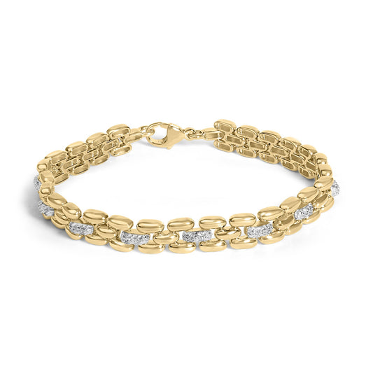 Close-up front angle of a yellow metal bracelet with a linked design featuring clusters of white gemstones in a pave setting, displayed on a white background.