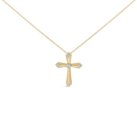 Close-up front angle of a yellow metal cross necklace pendant with five white gemstones in prong settings, shown on a white background.