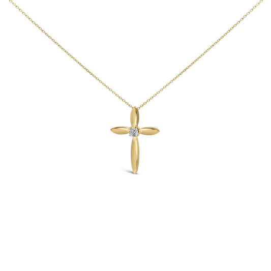 Close-up front view of a yellow necklace with a cross-shaped pendant featuring a single white gemstone in the center.