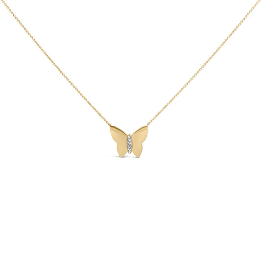 Front view of a yellow metal butterfly-shaped necklace with a central vertical line of white gemstones in a pave setting, shown against a white background.