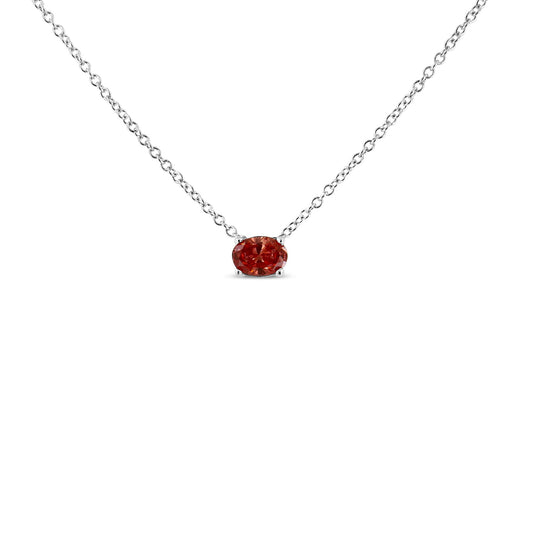 Front view of a white metal necklace with an oval-shaped pink gemstone set in a four-prong setting.