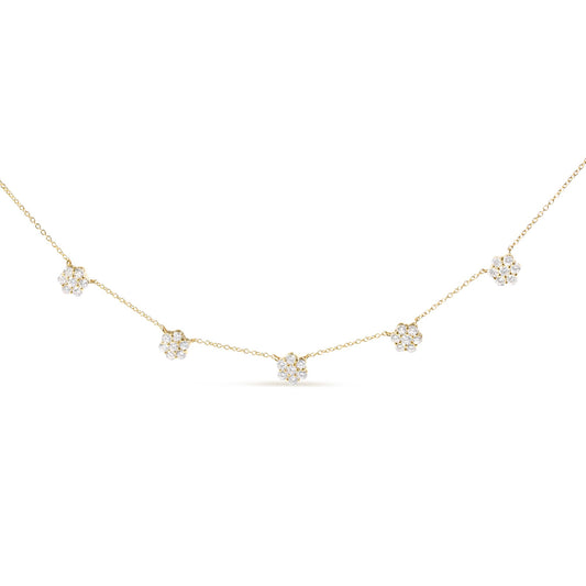 Yellow necklace with five flower-shaped clusters of white round gemstones in prong settings, shown from a front angle on a white background.