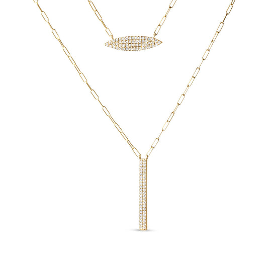 Front-facing image of two yellow metal necklaces with vertical and horizontal bar pendants, each pendant set with multiple white round gemstones in prong settings.