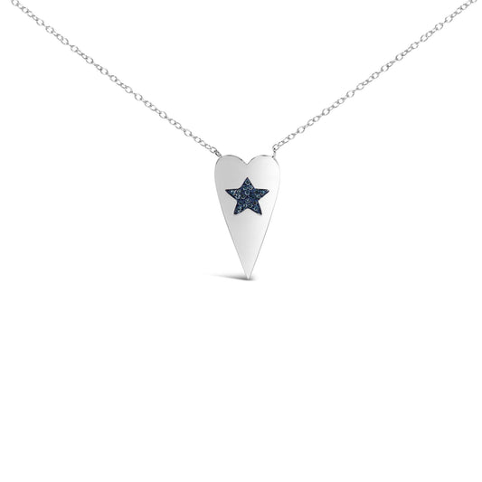 White metal necklace with a pointed triangular pendant featuring a star-shaped design set with multiple round blue gemstones, shown from the front on a white background.
