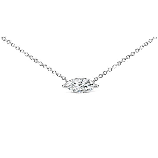 Front angle close-up of white metal necklace with a single marquise-shaped white gemstone in 2-prong setting centered on chain.