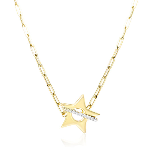 Yellow metal necklace with a star-shaped pendant featuring a curved bar set with white round gemstones, shown on a white background from the front angle.