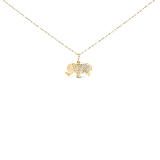 Front view of a yellow metal necklace with an elephant-shaped pendant featuring multiple round white gemstones in prong settings.