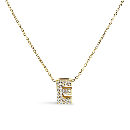Front angle close-up of a yellow metal necklace with a pendant in the shape of letter E, adorned with multiple small white gemstones in a shared prong setting.
