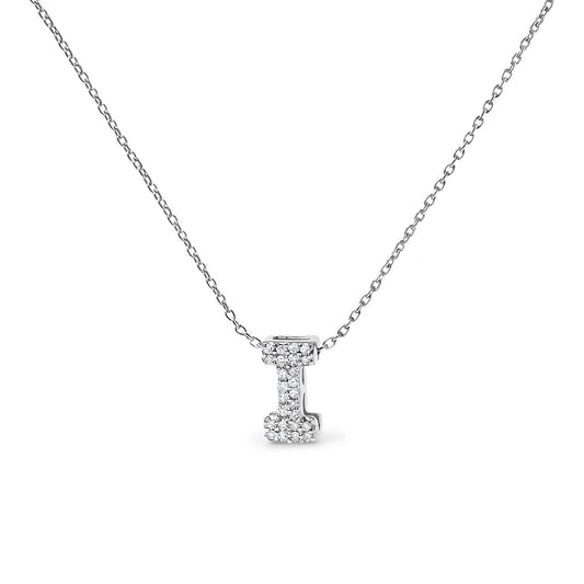 White metal necklace with a pendant in the shape of the letter 'I' set with round white gemstones in a shared prong setting, shown in a front-facing angle on a white background.
