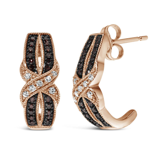 Close-up front and side view of rose metal earrings with intertwined design, set with white and brown round pave gemstones.