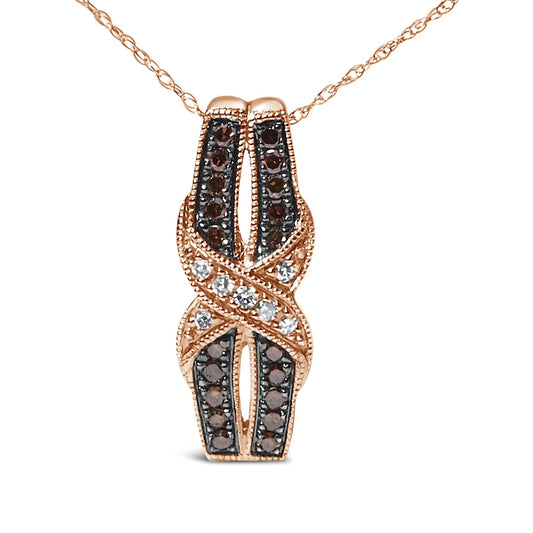 Rose metal necklace with a vertical pendant featuring intertwined design, set with white and brown round gemstones in pave settings, shown in a front-facing close-up shot.