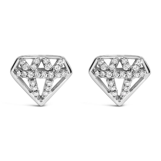 Pair of white metal earrings with a geometric diamond shape, featuring multiple round prong-set white gemstones, shown in a front-facing close-up shot on a white background.