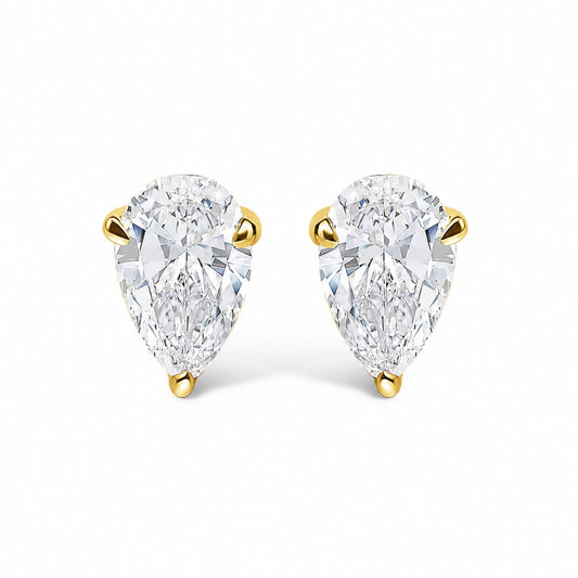 Close-up front view of a pair of yellow metal earrings each featuring a pear-shaped white gemstone in a 4-prong setting, shown on a white background.