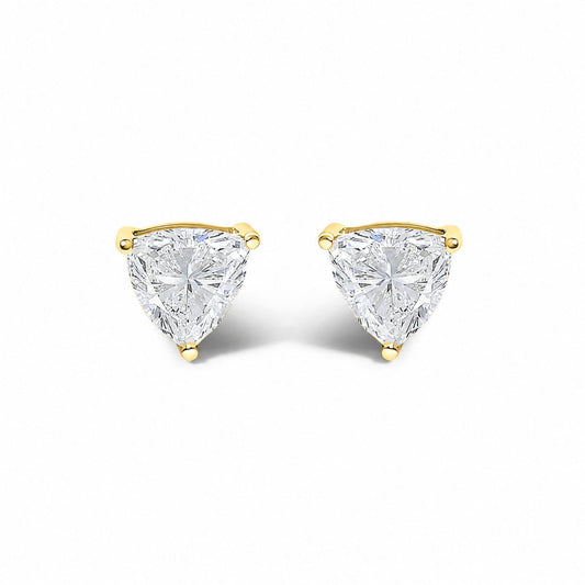Pair of yellow metal earrings each with a white trillion-shaped gemstone in a four-prong setting, shown in a close-up front angle.