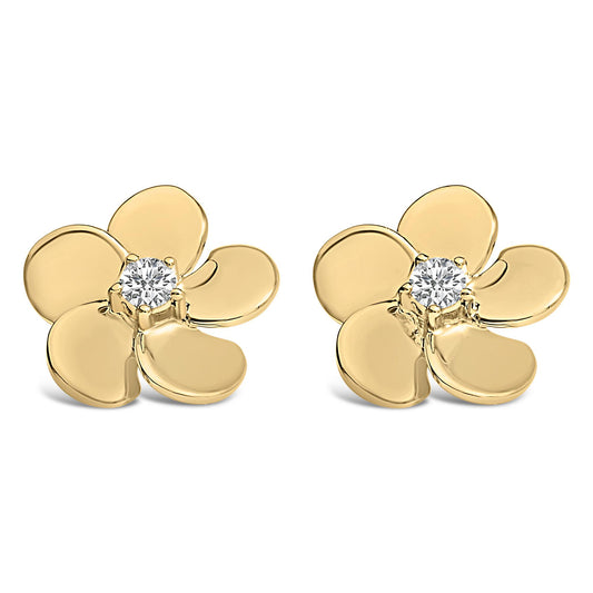 Front angled view of yellow metal flower-shaped earrings with a round white gemstone in prong setting at the center, shown side by side on a white background.