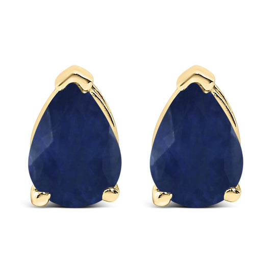 Pair of yellow metal earrings with blue pear-shaped gemstones in a three-prong setting, shown from the front angle on a white background.