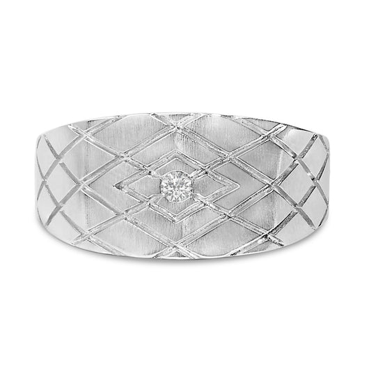 Front-facing close-up of a white metal ring with geometric engraved pattern and a single round white gemstone in a bezel setting at the center.