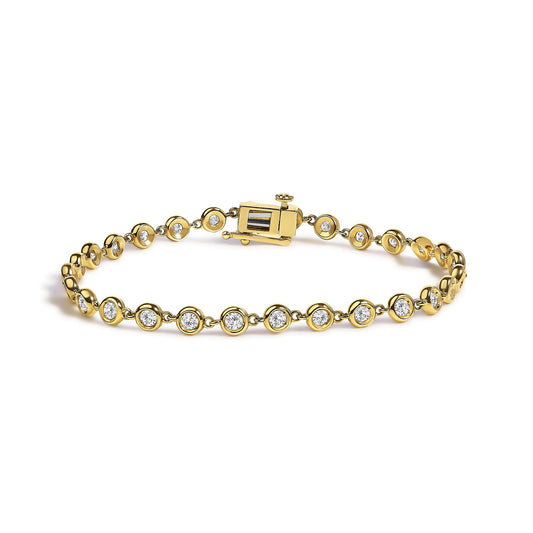 Close-up front angle of a yellow bracelet with round white gemstones in bezel settings linked together, shown lying flat.