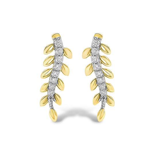 Close-up front view of a pair of yellow metal earrings shaped like curved branches with alternating leaf-shaped accents and a row of white round gemstones in shared prong settings.