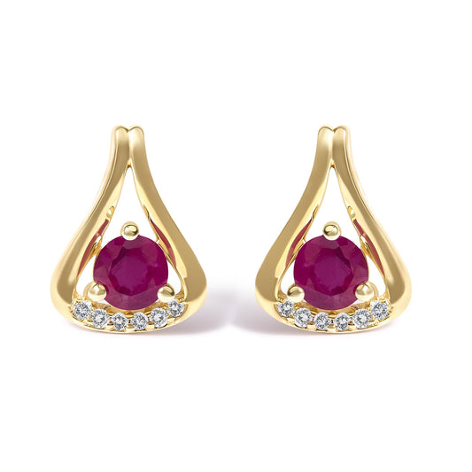 Pair of yellow metal earrings with an open teardrop shape, each featuring a round red gemstone in a three-prong setting at the center and a row of small round white gemstones in prong settings along the bottom, shown facing front on a white background.