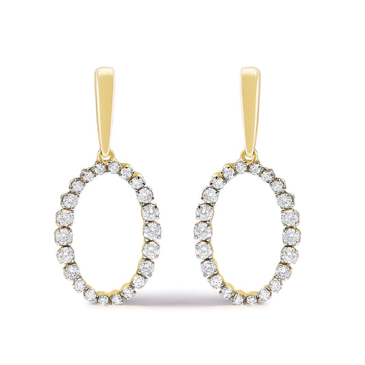 Front view of yellow metal earrings with oval-shaped hoops adorned with round white gemstones in prong settings.
