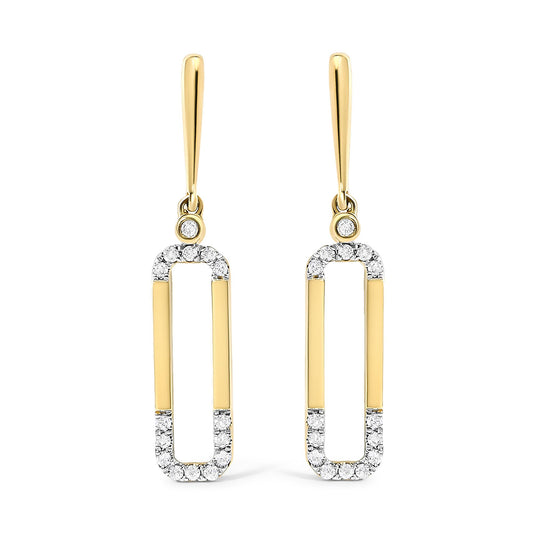 Front view of yellow metal long drop earrings with rectangular open frames adorned with round white gemstones in prong setting.