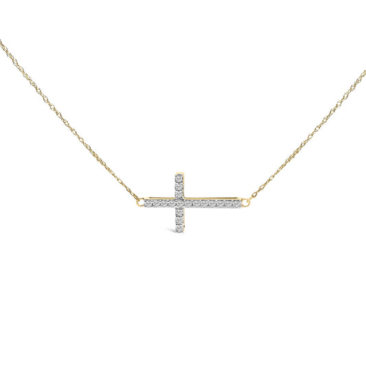 10K Yellow Gold 1/5 Cttw Diamond Sideways Cross Pendant Necklace