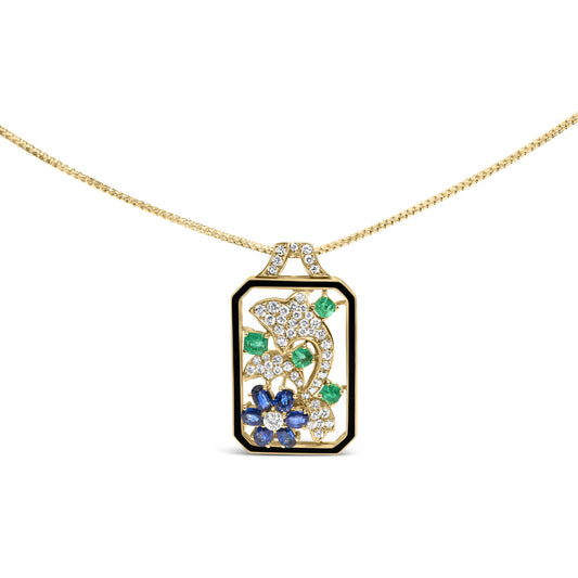 Front view of a yellow metal brooch with a rectangular frame featuring white round pave-set gemstones, blue oval prong-set gemstones arranged like a flower, and green cushion prong-set gemstones.