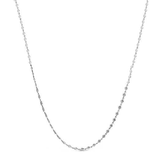 Close-up front view of a white necklace with a diamond-shaped link pattern, featuring round white gemstones set invisibly along part of the chain, shown against a white background.