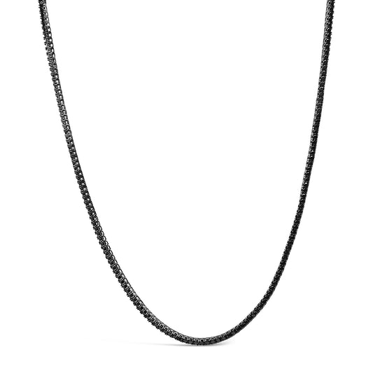 Close-up front angle of a white necklace featuring a continuous row of small round black gemstones in prong settings.