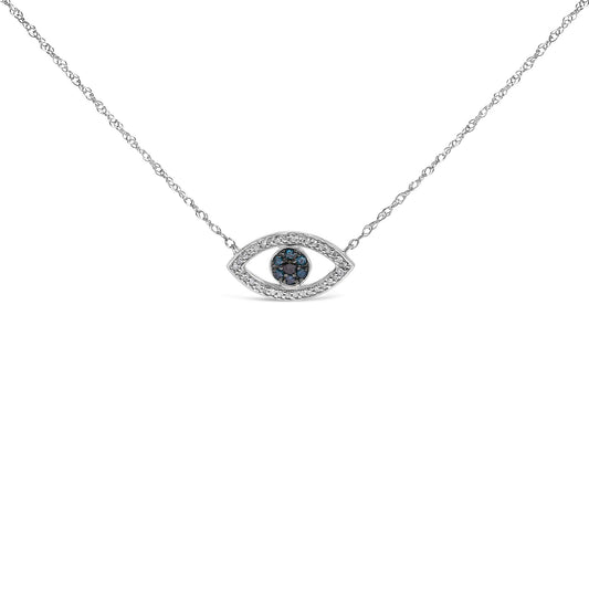 White necklace with an eye-shaped pendant featuring round blue gemstones in the center surrounded by round white gemstones, shown in a front-facing close-up shot.