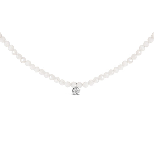 White gemstone round bead necklace with a small white gemstone pendant in a white setting, shown against a white background from a front angle.