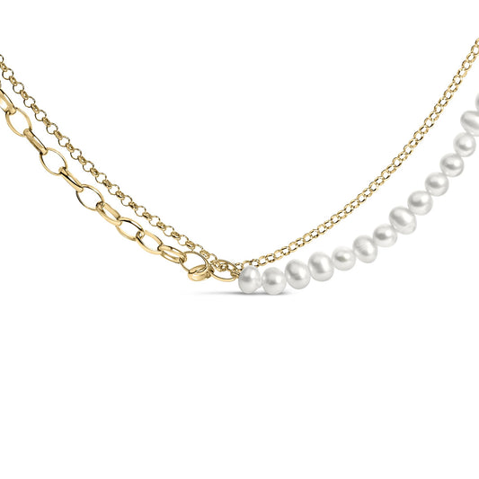 Close-up front view of a yellow metal necklace with two delicate chains, one featuring round white pearls.