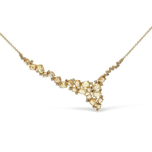Yellow necklace with clustered oval yellow gemstones and small round brown gemstones, shown in a front angled close-up.