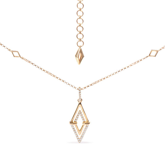 Front-facing view of a yellow metal necklace with a geometric pendant featuring red and white gemstones in a prong setting along the pendant and chain.