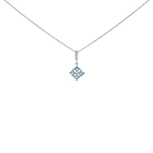 White necklace with a square-shaped pendant featuring four blue square gemstones and several small white round gemstones, shown in a front-facing view on a white background.