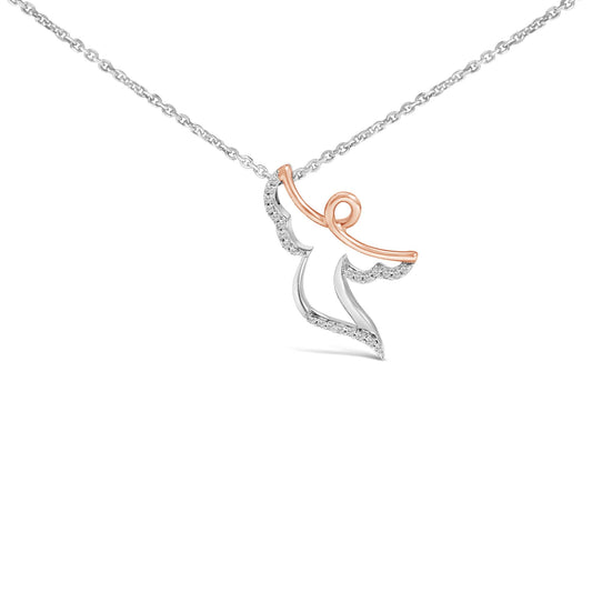Close-up front angle of a necklace with a pendant featuring a white and rose metal abstract design accented with round white gemstones in prong settings.