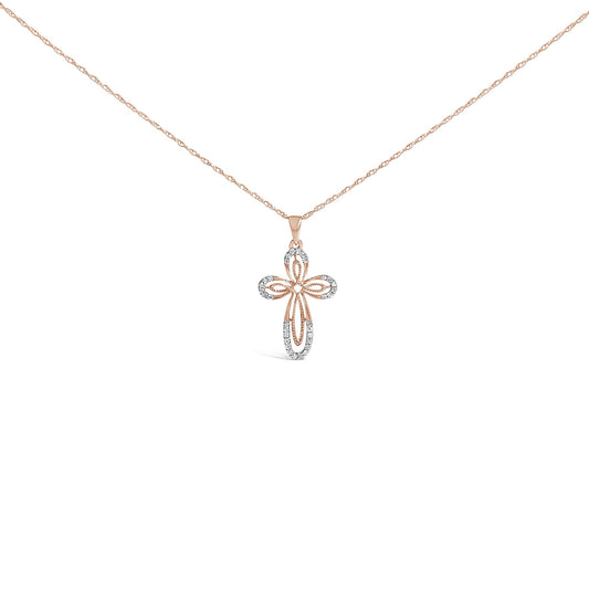10K Rose Gold Plated Sterling Silver 1/6 Cttw Diamond Double Loop Cross Pendant Necklace